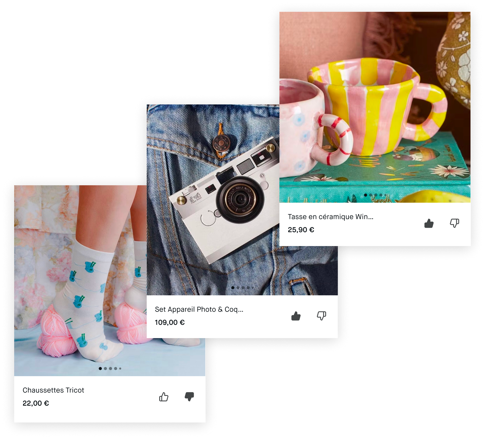 Mosaïque de plusieurs produits, des chaussettes, une appareil photo, une tasse en céramique, avec le prix et un pouce vers le haut / pouce vers le bas