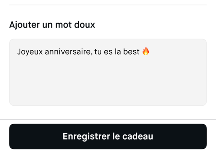 Encart permettant de personnaliser le message envoyé au destinataire du cadeau