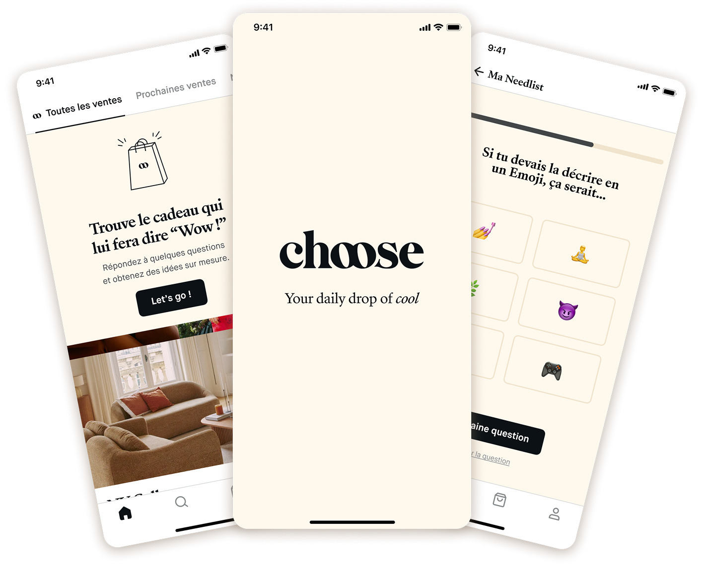 Trois écrans de l'application choose : un splashscreen, une question 'Si tu devais la décrire en un Emoji, ça serait...' et plusieurs émojis en réponses